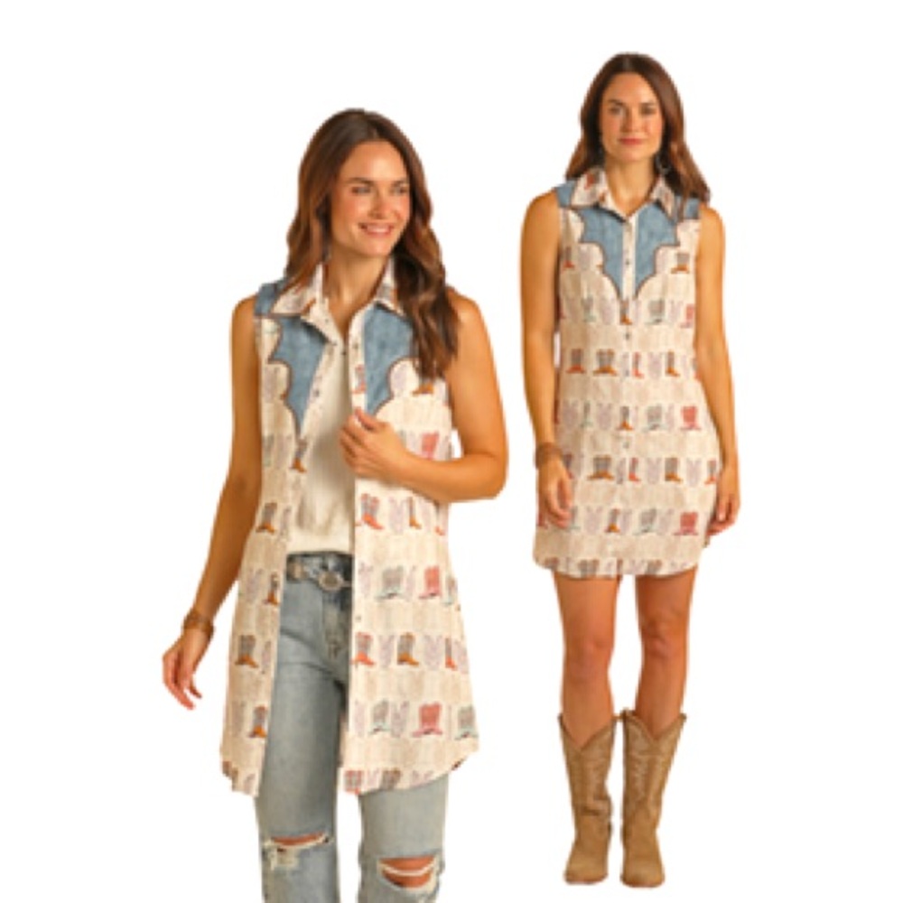 NWT Panhandle Slim Women's Cream Raw Edge Yoke Snap Shirt Dress